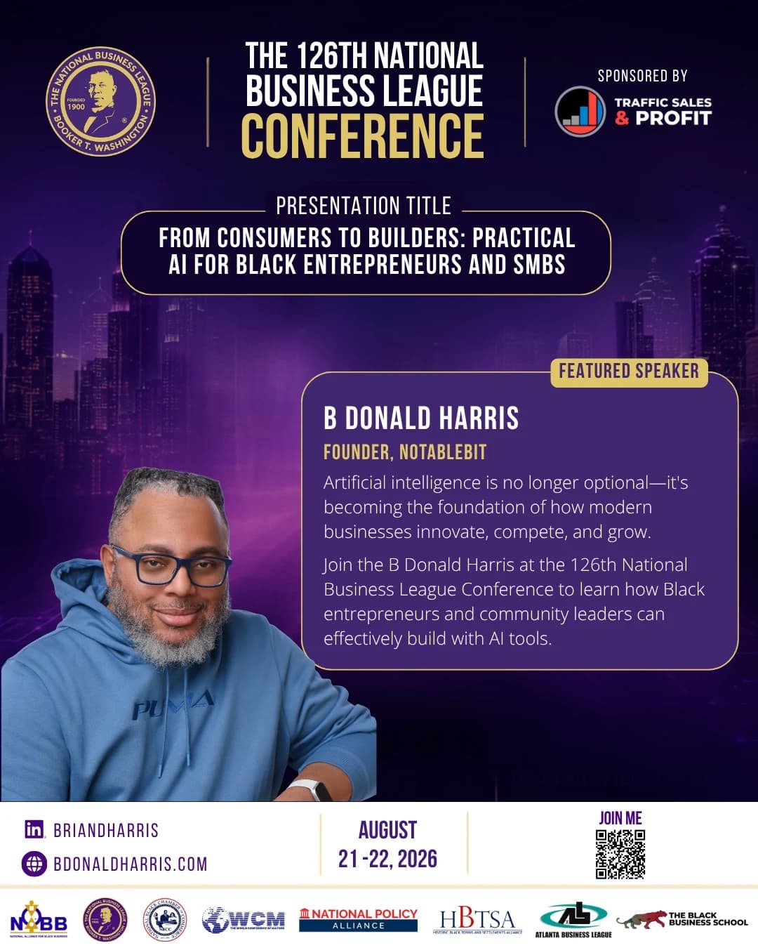 Conference graphic for B Donald Harris's National Business League presentation, From Consumers to Builders: Practical AI for Black Entrepreneurs and SMBs.